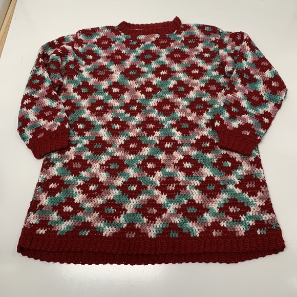 Vintage 70s Handmade Sweater Granny Geometric Multicolored 2XL Afghan Style - Picture 1 of 7